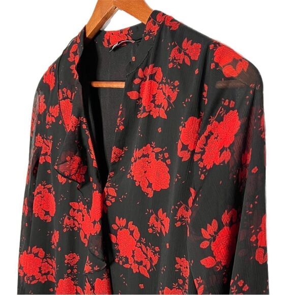 Zara Rose Floral Print Black Red Tiered Ruffle Dress - Picture 7 of 9